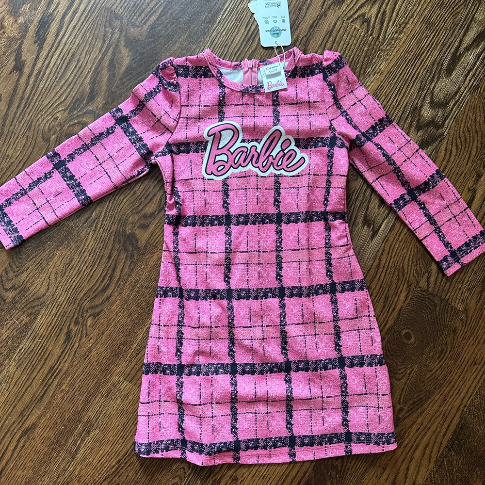 2 Dresses: PatPat Pink Plaid Barbie Dress (sz 7) & Barbie Branded dress (sz 6x)